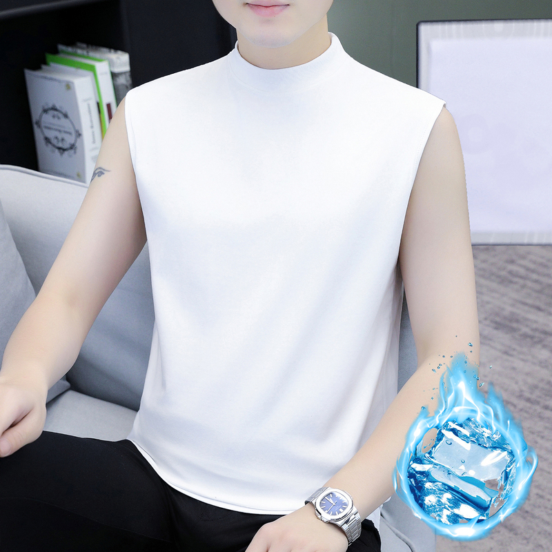 Summer Half-High Collar Sleeveless Vest for Men 2026 New Style Ice Silk Cool Sweatshirt Trendy Cool Pure Cotton Wide Shoulder T-Shirt
