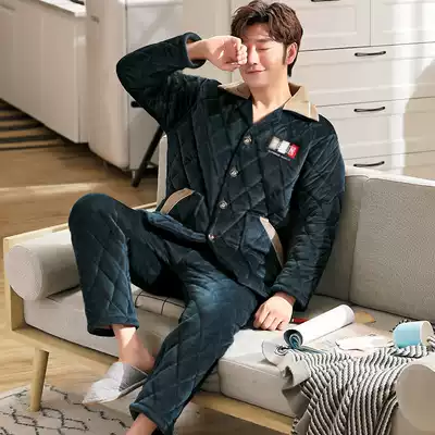 Pajamas men's winter coral velvet three-layer padded thickened flannel flannel home clothes heating pants autumn and winter models