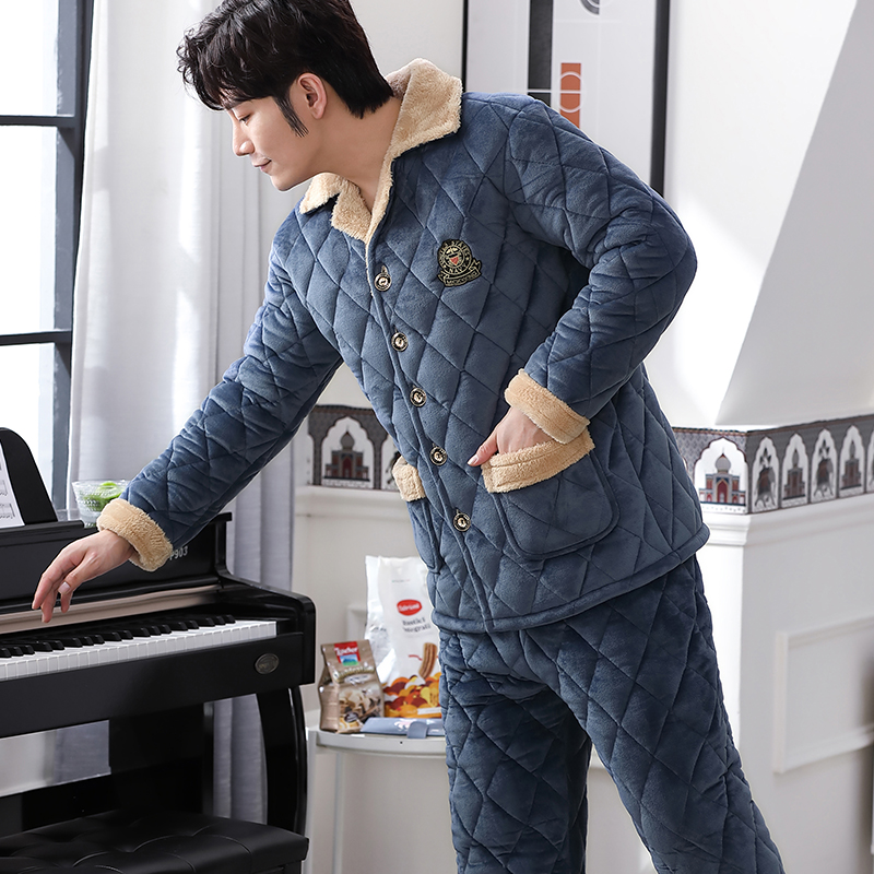 Pajamas men's autumn and winter plus velvet thickened three-layer quilted coral fleece padded jacket suit warm home clothes winter