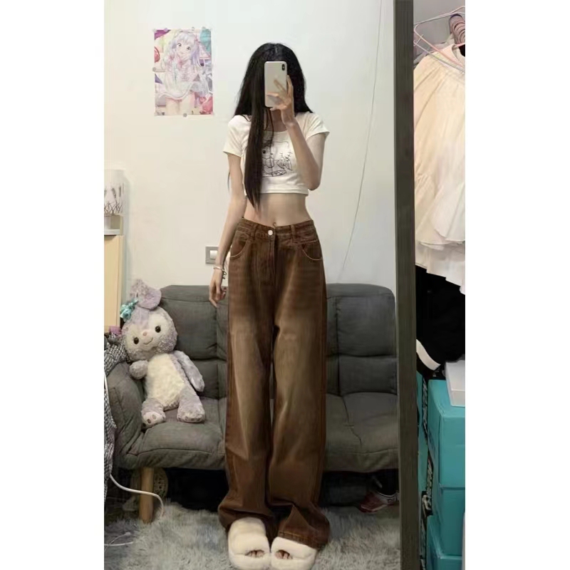 2026 New American Retro Brown Jeans for Women, Spring and Autumn Loose Straight Wide-Leg Pants, High Street Fashion