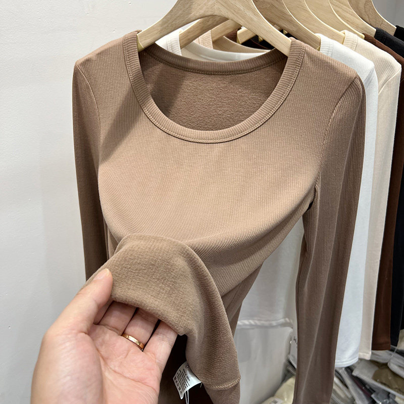 Duvet low collar bottom-shirt woman autumn winter warm inside lap 2023 new gush thickened long sleeve t-shirt blouses-Taobao