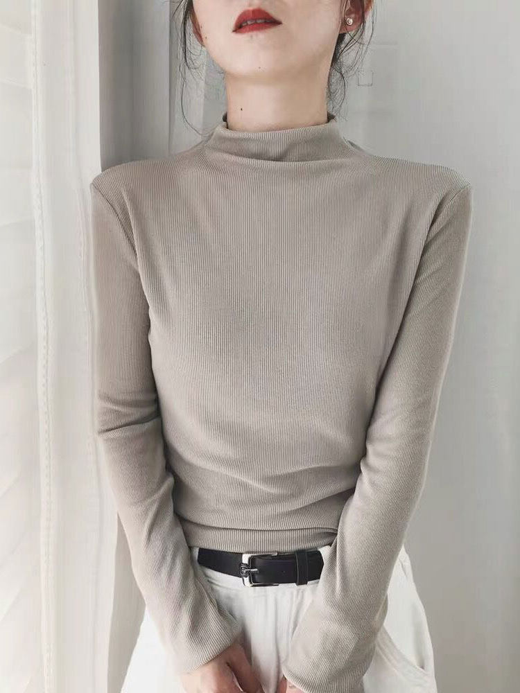 Korean threaded bottoming shirt women's autumn and winter models retro tight half-high collar long-sleeved T-shirt Korean version of the slim inner top