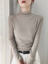 Korean threaded bottoming shirt womens autumn and winter models retro tight half-high collar long-sleeved T-shirt Korean version of the slim inner top