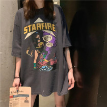 Korean spring and summer net red European and American trendy brand cartoon printing mid-length short-sleeved T-shirt top female loose lower body missing