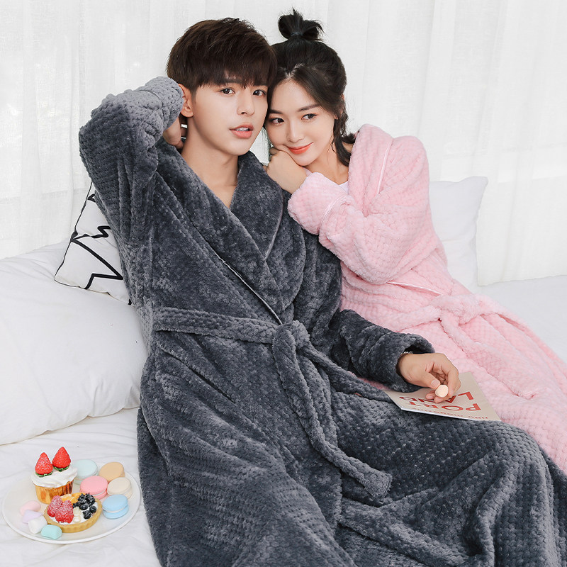 Nightgown women's autumn and winter coral fleece bathrobe couple plus velvet thickening and long flannel men's pajamas autumn and winter