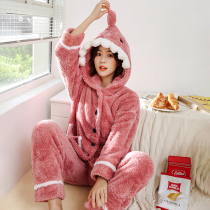 Pajamas womens autumn and winter coral velvet loose thickened shark cute flannel large size hooded net red home clothes to wear outside