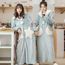 Pajamas womens autumn and winter Korean version of fresh students long cute stars and moonsflannel nightgown girlfriends can be worn outside