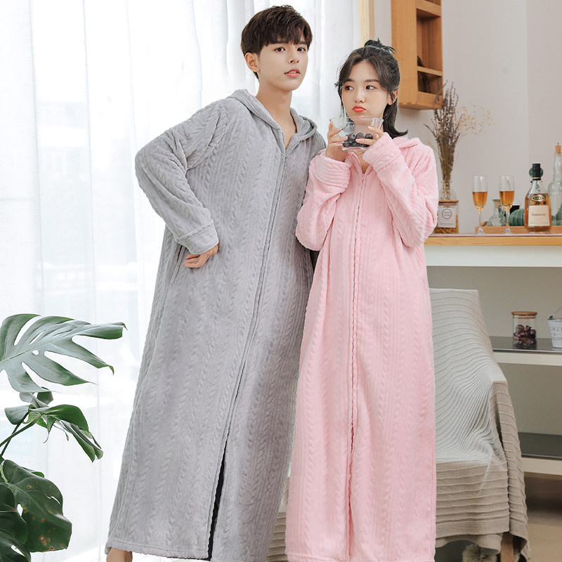 Sleepgown Woman's Winter Coral Velvet Thick Large Size Flag Hat Strap Sleeper Couple Bathrobe Men's Pajamas