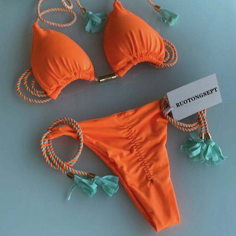 Orange Bikini European and American New Style Sexy Vacation Bikini Hot Spring Two-Piece Solid Color Swimsuit Sexy Multi-Color Braided Rope