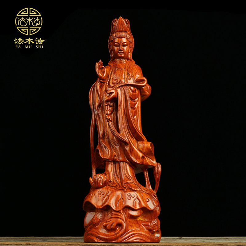 Flower pears wood Guanyin Bodhisattva Buddha statues are dedicated to the good luck of Feng Shui to protect the home Joe's office craftsmanship gift hem