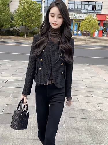 Женская одежда во французском стиле, короткие весенние и осенние модные знаменитости, универсальные свободные твидовые тканые топы