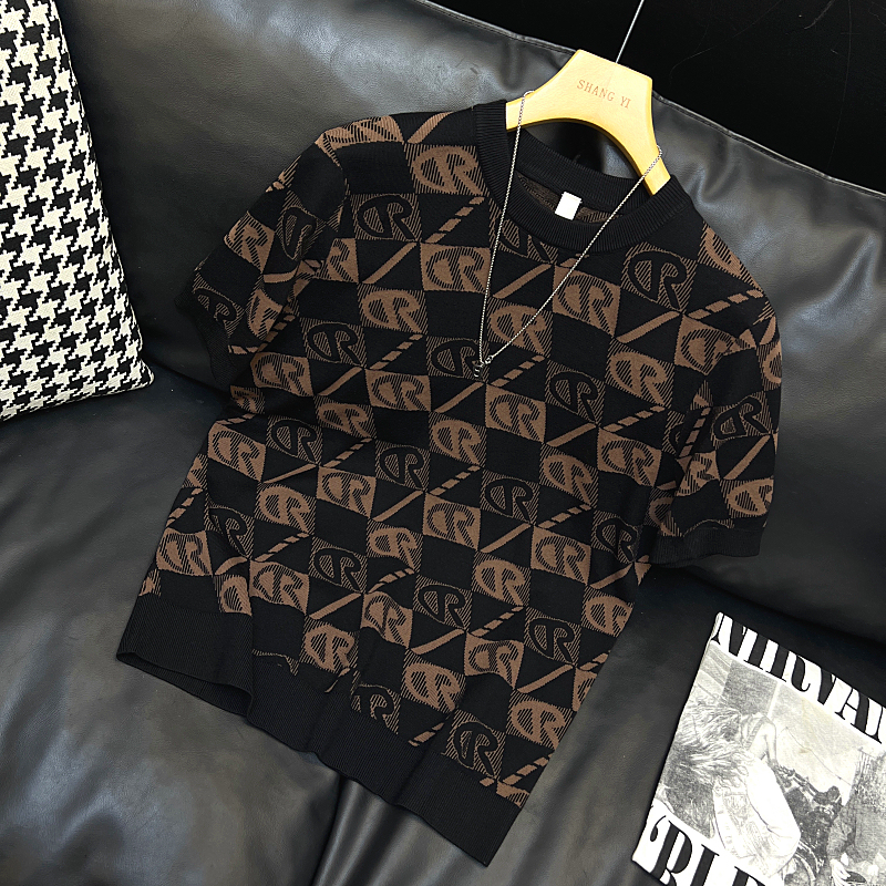 2025 New Short-Sleeved Knitwear Men's Sweater Autumn and Winter Trendy Brand Round Neck Jacquard Large Size Men's Knit Top