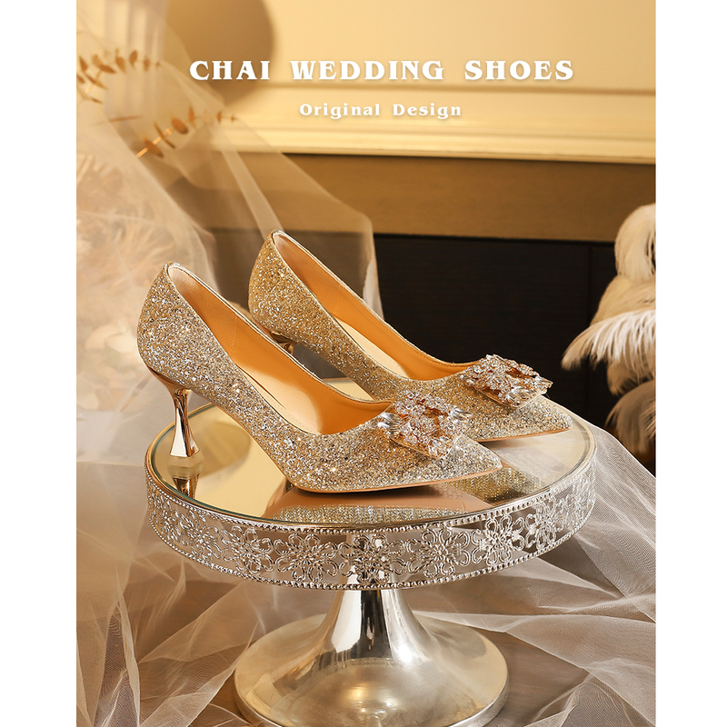 Moon Goddess French-Style Sequin Wedding Shoes for Women, Suitable for Both Traditional and Modern Wedding Dresses, Bridal Shoes with Rhinestone Square Buckle, Crystal Shoes, Banquet High Heels