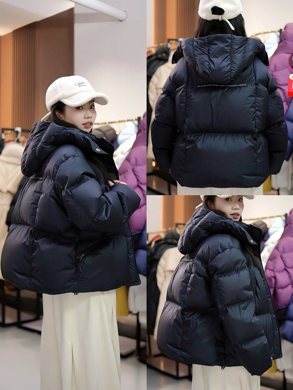 1/20 Houndstooth Color-Blocked Satin Thickened Goose down Short Coat with 3D Tailoring for a Slimming Effect