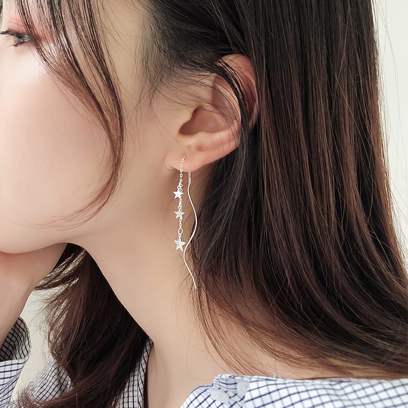 Sterling Silver Star Earrings Temperament Simple Long Tassel Pentagonal Star Earrings Korean Face Thin Net Red Personality Earrings