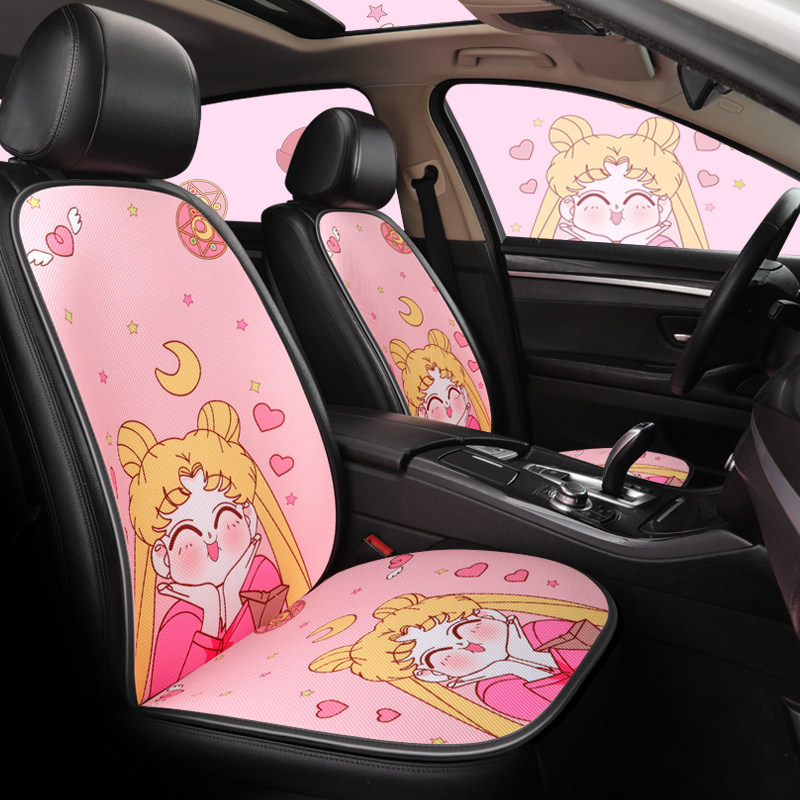 Cartoon car seat cushion four seasons universal seat cushion car five-piece linen seat cover set full surround seat cover