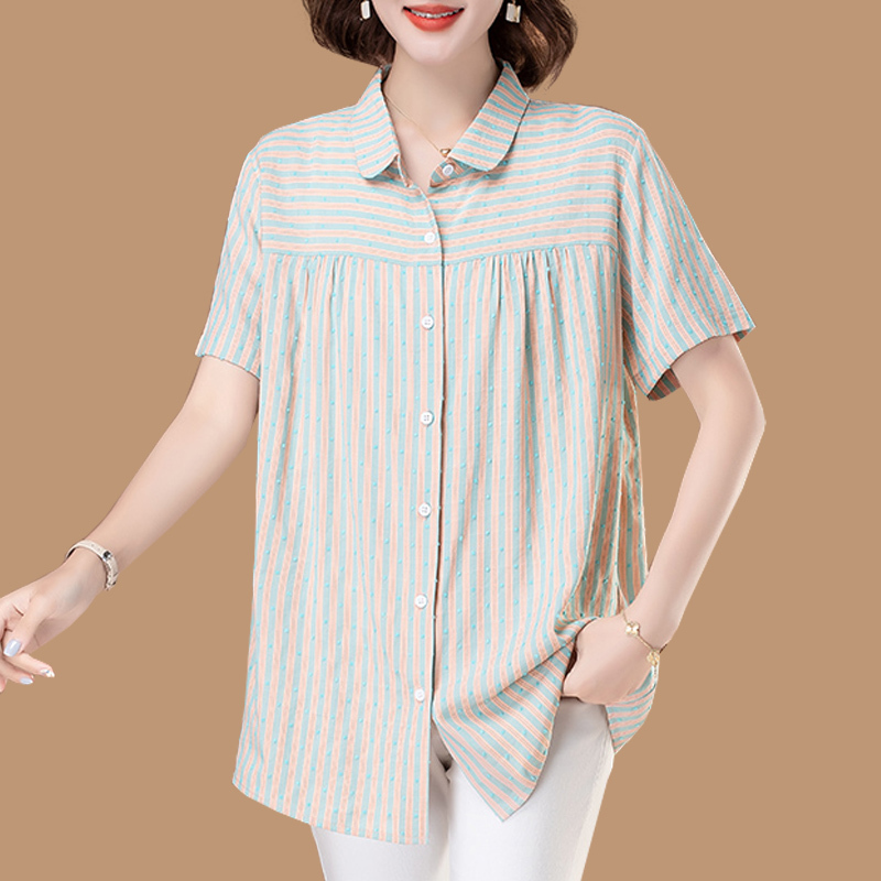 Plus Size Short-Sleeved Shirt for Women 2026 Summer Loose Cotton Shirt Middle-Aged Mom Striped Lapel Top