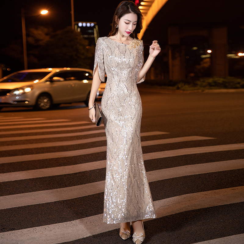 Champagne-Colored Evening Dress for Women, Sequined, Elegant, Light Luxury, Niche Style, Fishtail Hostess Dress