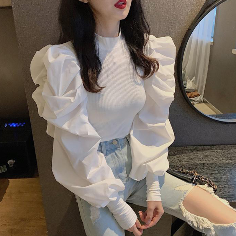 French-Style Pleated Puff-Sleeve Patchwork Knit Top for Women, Unique Design, Niche, 2024 Spring and Autumn New Fashion Trendy Top