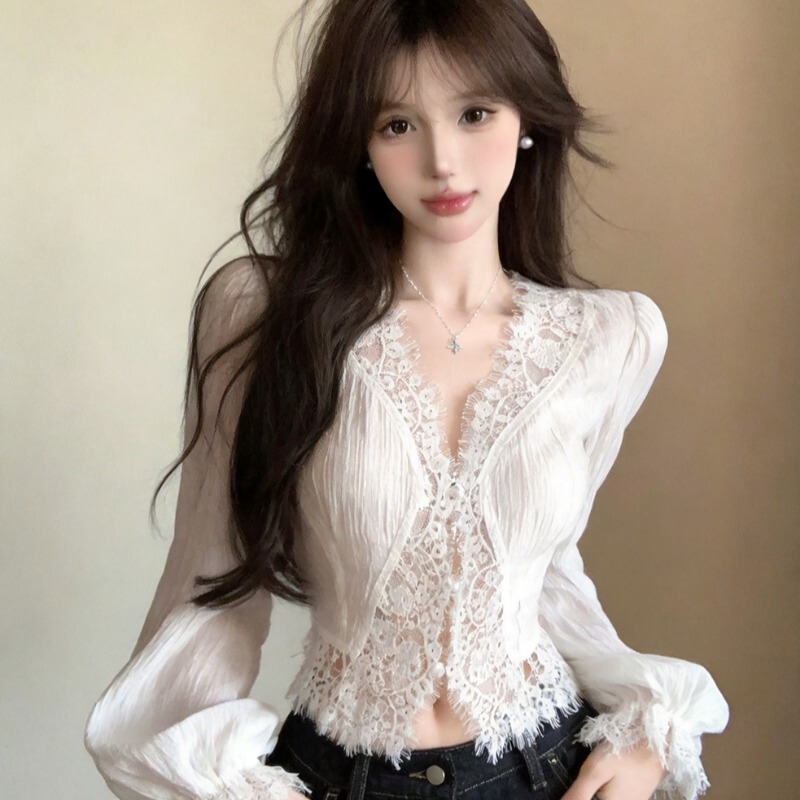 Gentle Style Lace Splicing Sexy Hollow Puff Sleeve Shirt for Women Early Autumn Thin Slightly See-Through Short Slimming Top
