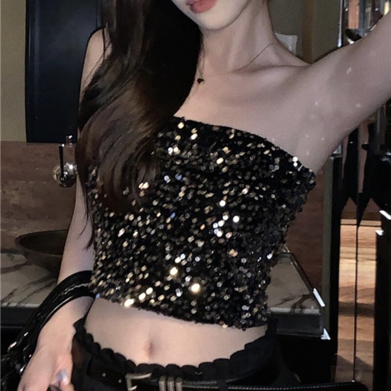 Sparkly Sequin Hot Girl Style Black Tube Top for Women, Sexy Outerwear, Pure Desire Short Crop Top That Exposes the Navel
