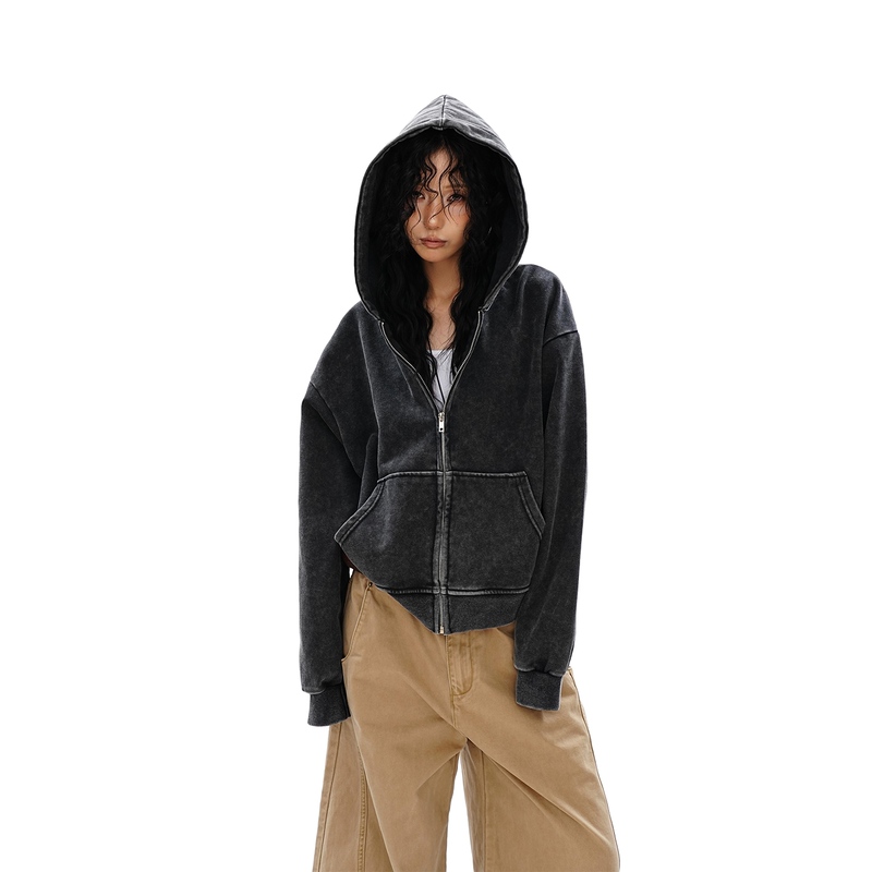 S3T5 American Retro Short Washed Vintage Hooded Cardigan Sweatshirt for Men and Women, New Lazy Style Zipper Jacket Trendy