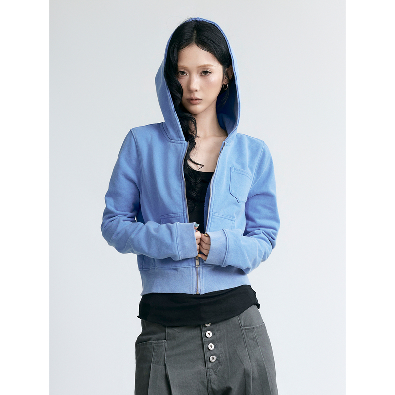 S3T5 American-Style Salt-Washed Distressed Kangaroo Pocket Hooded Sweatshirt for Women, Autumn Washed Slim-Fit Casual Short Jacket