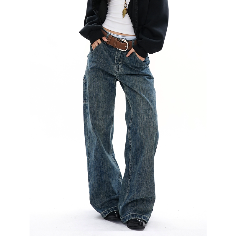 S3T5 Bamboo Pattern Washed Straight-Leg Blue Jeans for Men and Women, New American Retro Wide-Leg Versatile Casual Pants