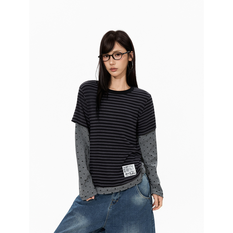 S3T5 Fake Two-Piece Striped Patchwork Polka Dot Crew Neck Long Sleeve T-Shirt Unisex American Casual Design Versatile Top
