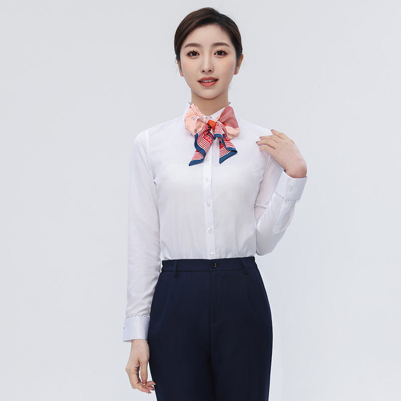 Shiyu Unicom Work Uniform for Women, White Striped Long and Short Sleeve 5g Shirt, Customer Service Staff Uniform, Spring and Summer
