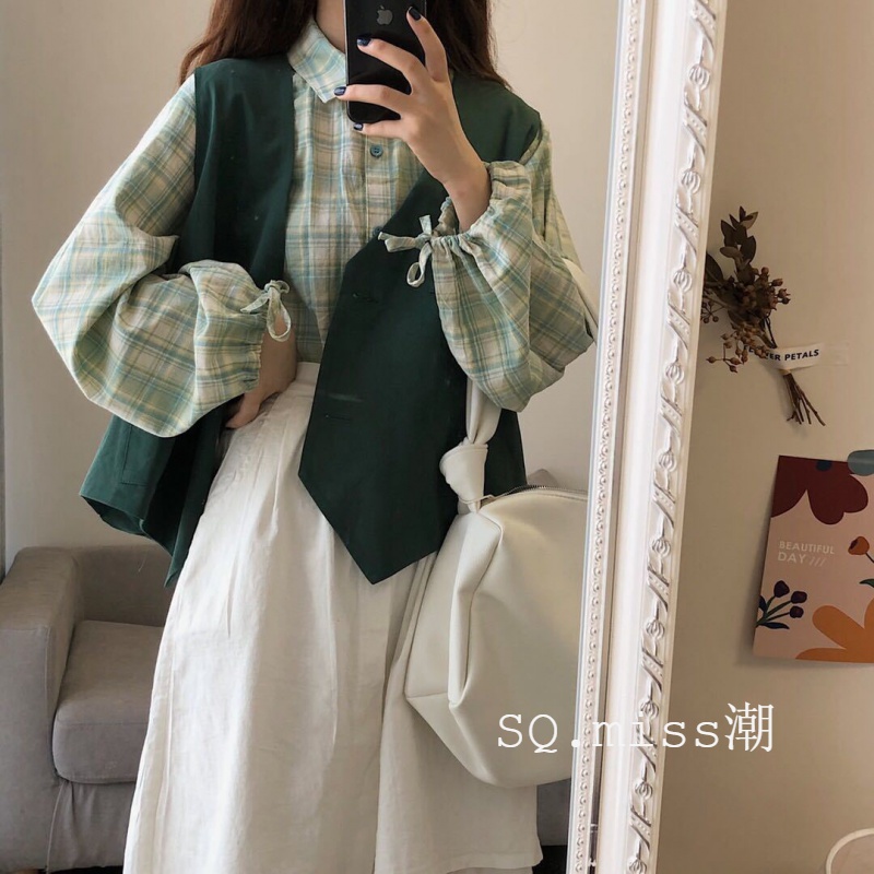 Single suit autumn Korean version loose female student long-sleeved plaid shirt tooling vest a word skirt three-piece set