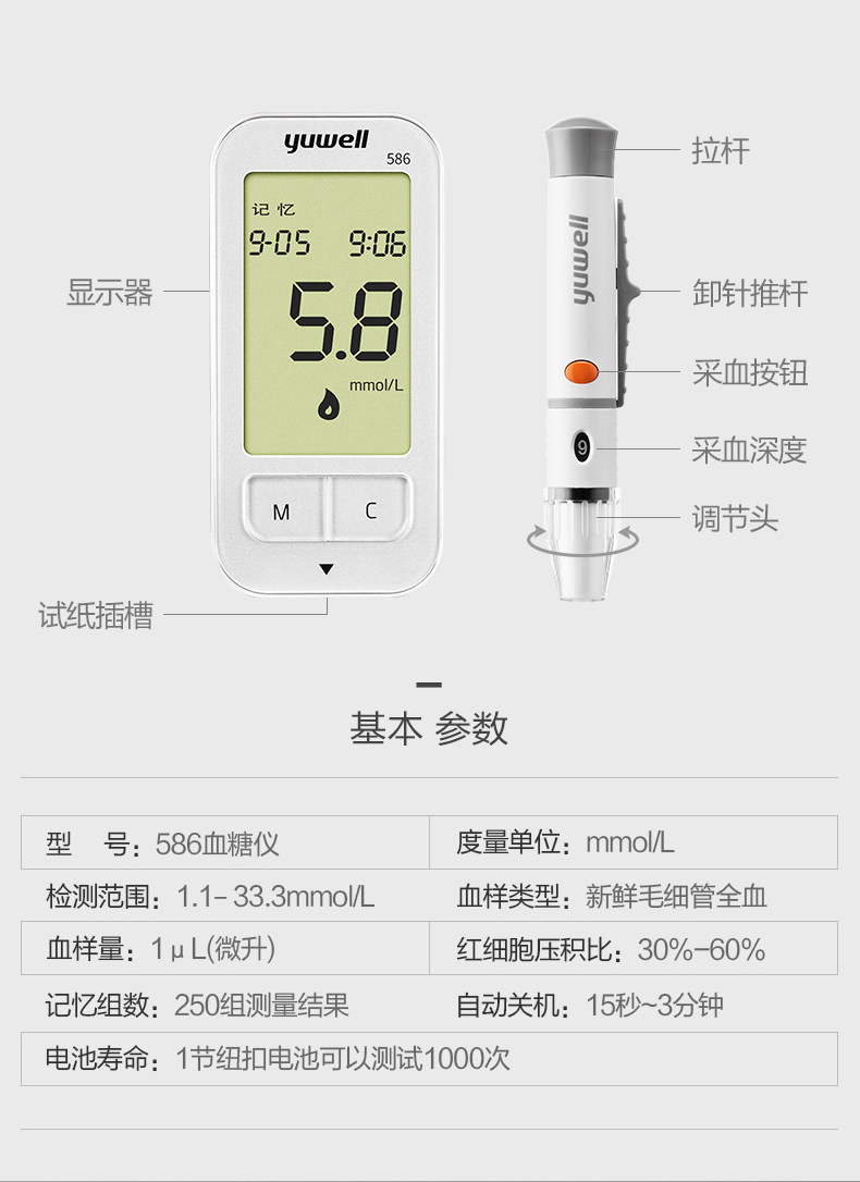 鱼跃 家用全自动血糖测试仪 含50次耗材 图6