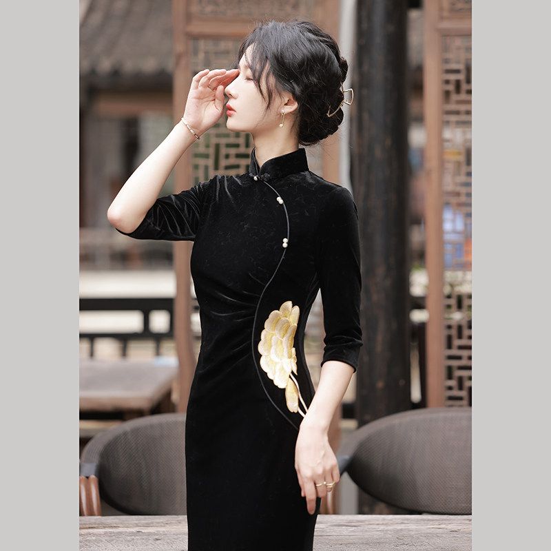 green emerald velvet dress Chinese Hanfu Dress Black