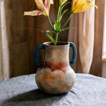 Handmade double-eared stoneware vase retro dried flower arrangement antique living room dining table ceramic art decorative ornaments