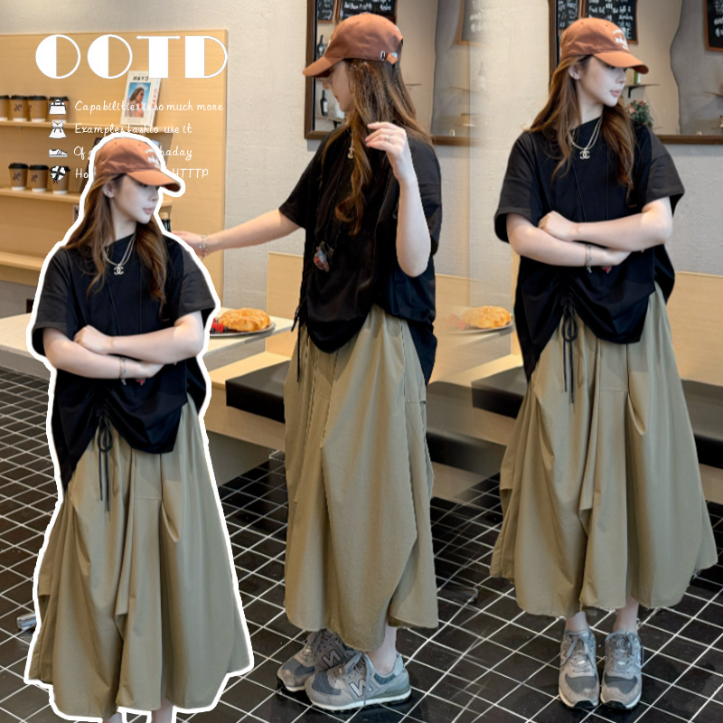 Maternity Suit Summer 2026 New Korean Style Loose Drawstring T-Shirt Workwear Skirt Set That Covers the Belly and Looks Slimming Two-Piece Set