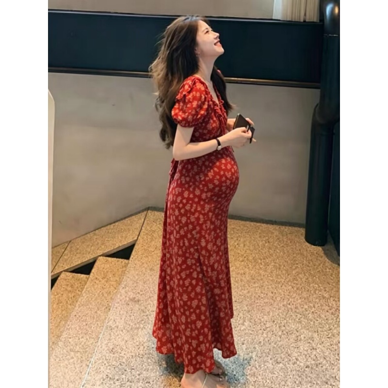 French Retro Maternity Dress, New Summer Style, Red Floral Long Dress, Loose Fit, Covers the Belly, Makes You Look Slimmer, Elegant Dress for Pregnant Women