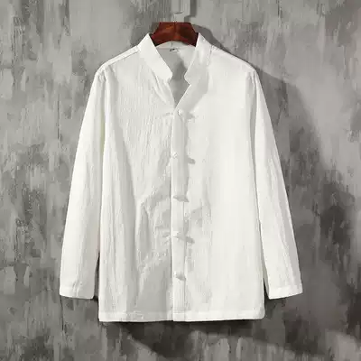 Chinese style men's buckle cotton linen shirt stand collar men's retro style Chinese linen long sleeve shirt thin top