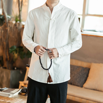 Chinese style mens retro stand-up collar linen shirt Mens top Chinese Tang dress spring and autumn cotton and linen white shirt