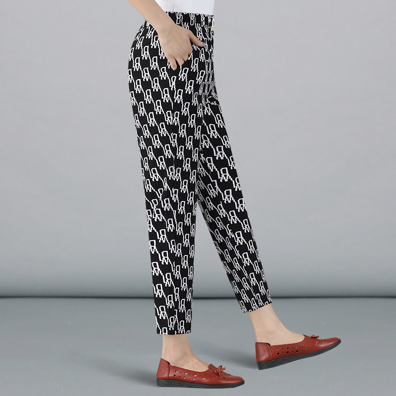 Mother flower pants summer thin ice silk radish pants middle-aged and old women pants middle-aged foreign style loose nine points of Hareun pants