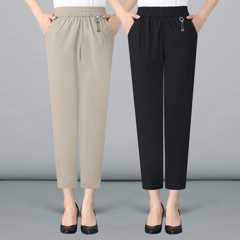 Ice Silk Quick-Drying Pants for Women, Summer Thin Style, Middle-Aged and Elderly Mom Pants, Middle-Aged Summer Fashion, Nine-Point Slim Straight-Leg Pants