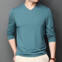 Official website flagship store autumn mulberry silk mens long sleeve T-shirt body Korean fashion trend V collar solid color autumn clothes base shirt