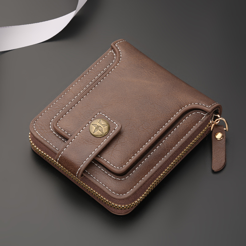 Men's Short Wallet, Retro Multi-Card Slot, Hidden Buckle Zipper Card Holder, Young Students' Multi-Functional Coin Purse, Soft Leather Wallet