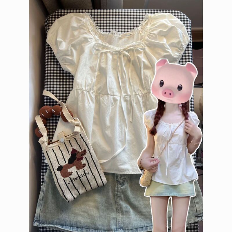 French-Style Sweet Lace Doll Short-Sleeved Shirt for Women, Summer Design, New Versatile Slimming Puff Square-Neck Top French-Style Sweet Lace Doll Short-Sleeved Shirt for Women, Summer Design, New Versatile Slimming Puff Square-Neck Top
