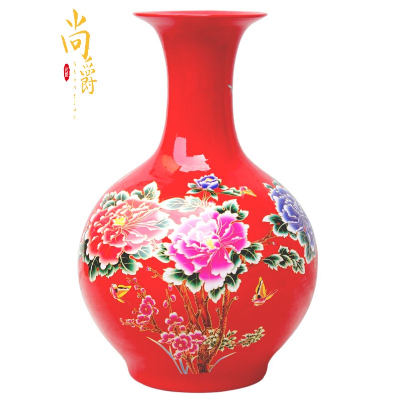 aj38 Jingdezhen ceramic ware floor big vase swing piece China red flower open rich and expensive Chinese style home living room swing piece