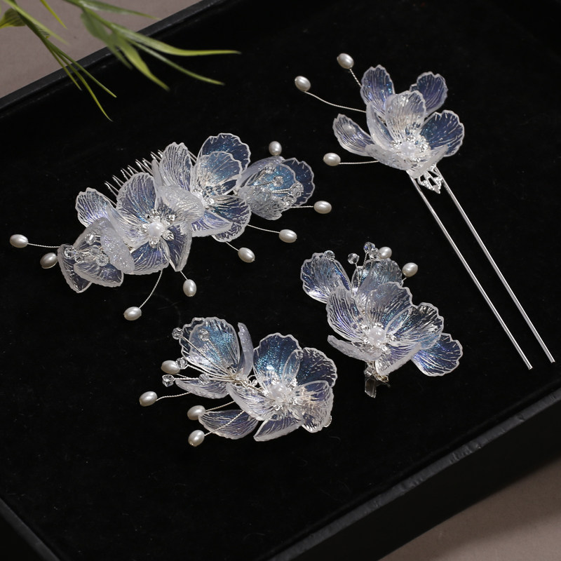 Hanfu headdress gradient glass clips, ancient style hairpins and combs, complete set of ancient costume accessories, cheongsam updo hairpins and ornaments