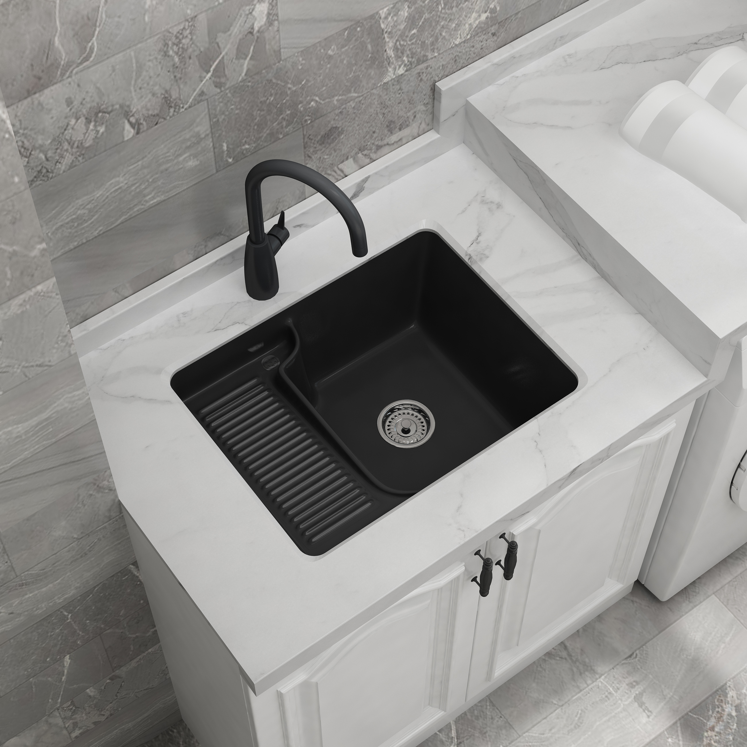 High-grade black under-table basin laundry basin with washboard Embedded laundry pool balcony Matt matte black laundry