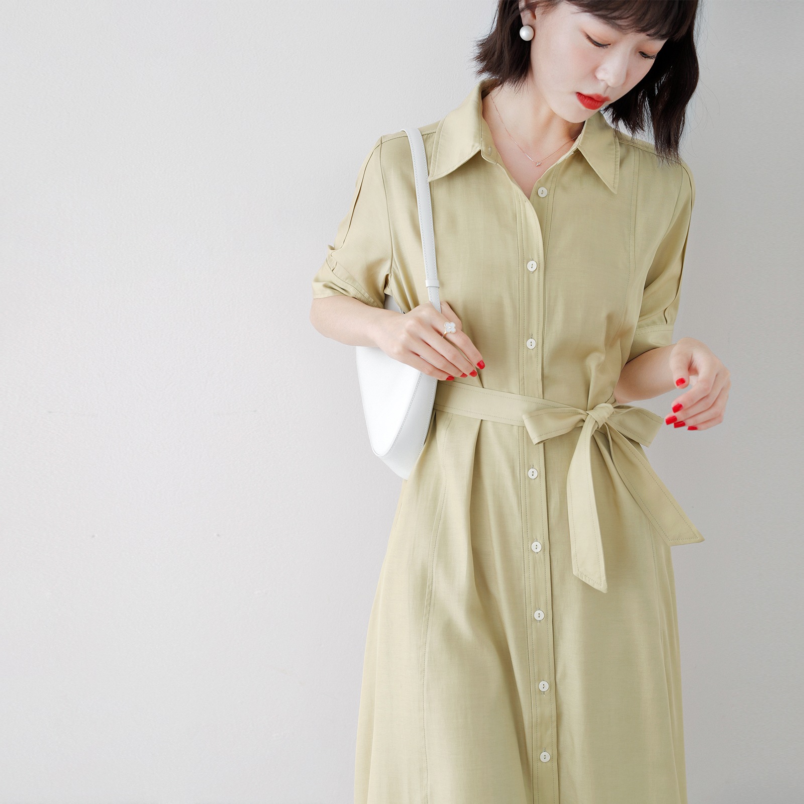 Dituton solid color dress women's summer new thin lapel short-sleeved Western style mid-length shirt skirt