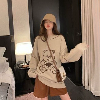 Свитер для школьников, демисезонные милые японские ретро джинсы с начесом, оверсайз, с медвежатами