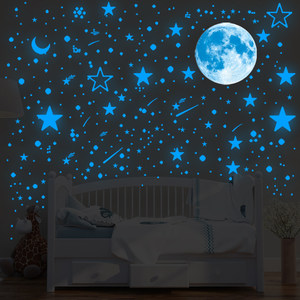 Moon and Stars Luminous Wall Stickers for Children's Room Bedroom Starry Sky Background Fluorescent Self-Adhesive Stickers Dormitory Wall Decorations