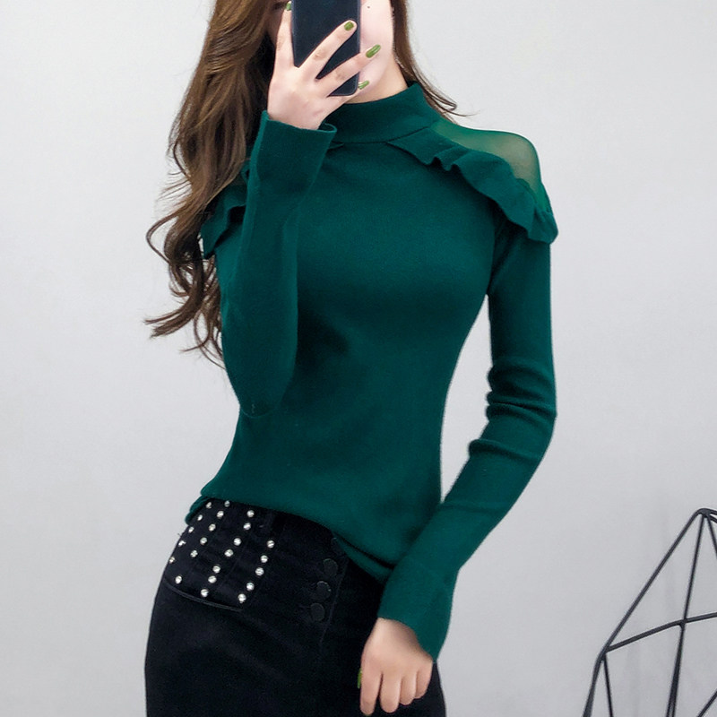 Semi-high collar thickened sweater jacket head autumn winter new mesh yarn splicing needle weaselwear 100 hitch to beat bottom blouses